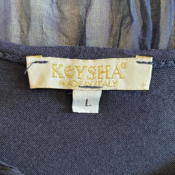 100% Silk Sheer Navy Blue Short Sleeve Blouse Loose Fitting Scoop Neck Billowing - Picture 2 of 11